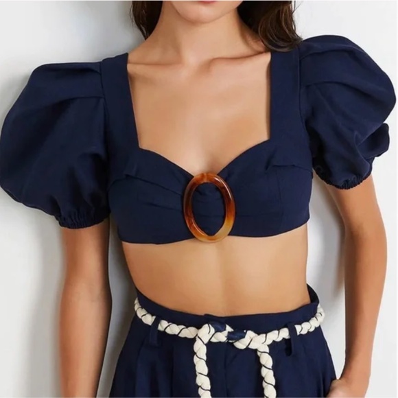 PatBo La Mer Crop Top Indigo Navy Blue Linen Puff Sleeve Size 4 - Picture 1 of 8